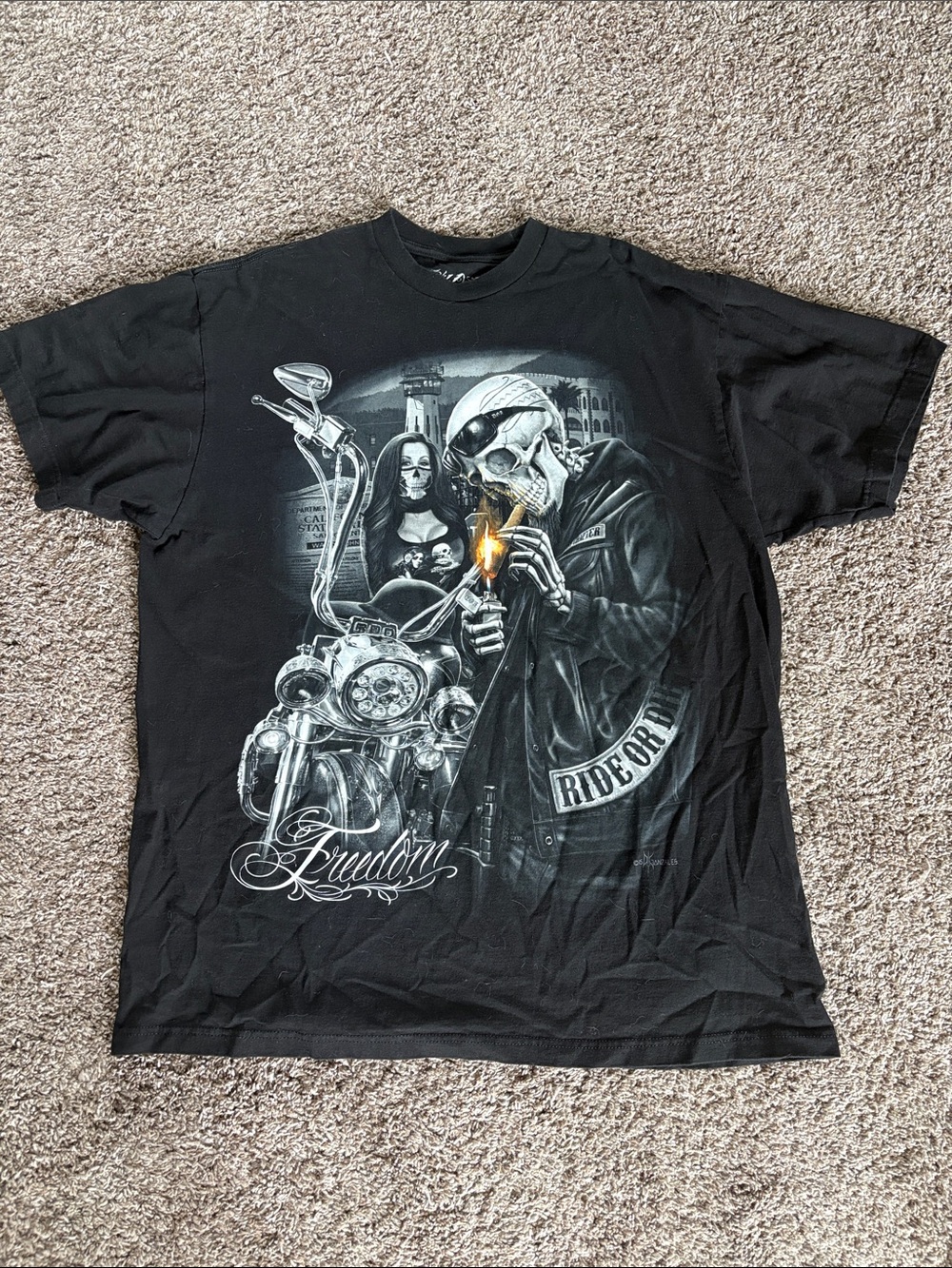 Black 'Ride or Die' Graphic Tee - Men's Motorcycle Skull Design